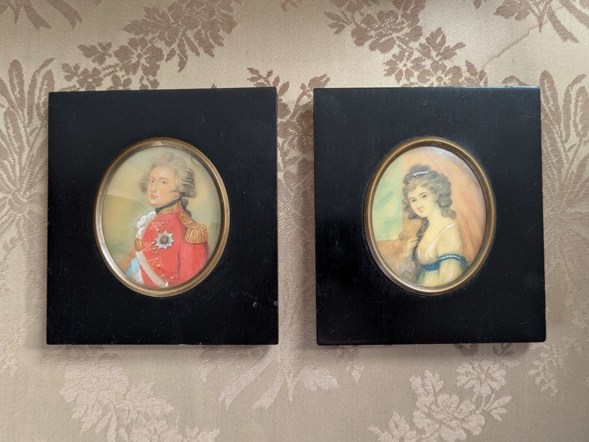 Pair Of Miniature Pictures Of An 18th Century Naval Officer & Wife