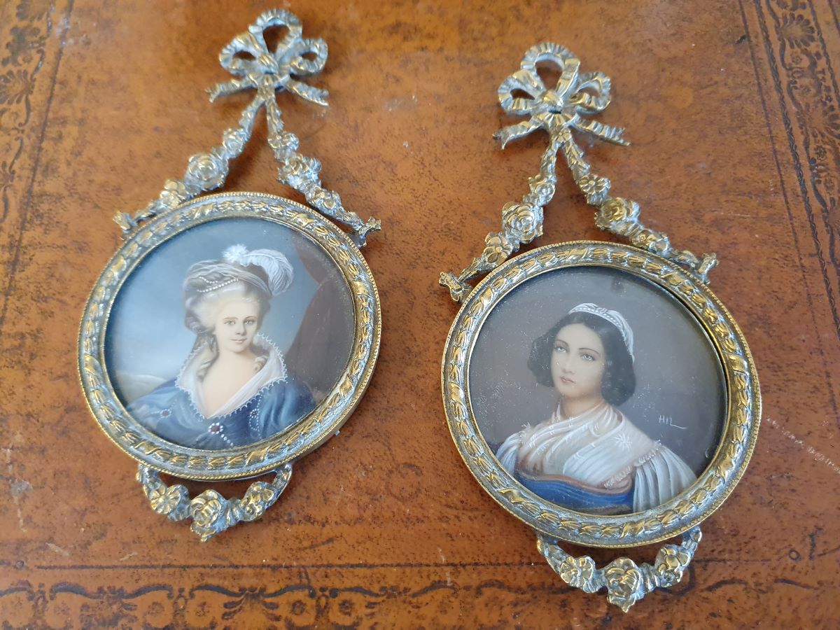 Pair Of Painted Portraits on Ivorine, Cast Brass Frames