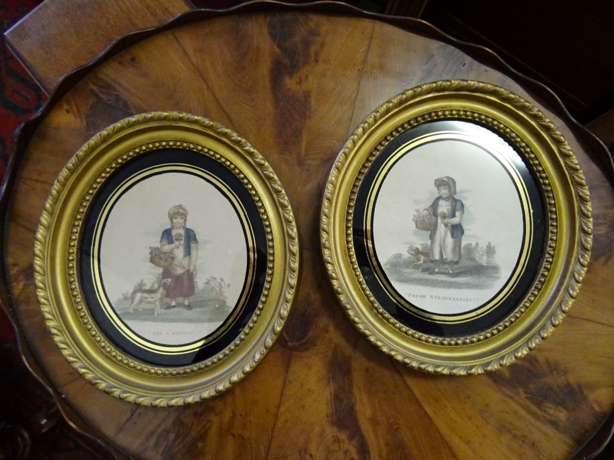 Pair of Regency engravings of flower sellers