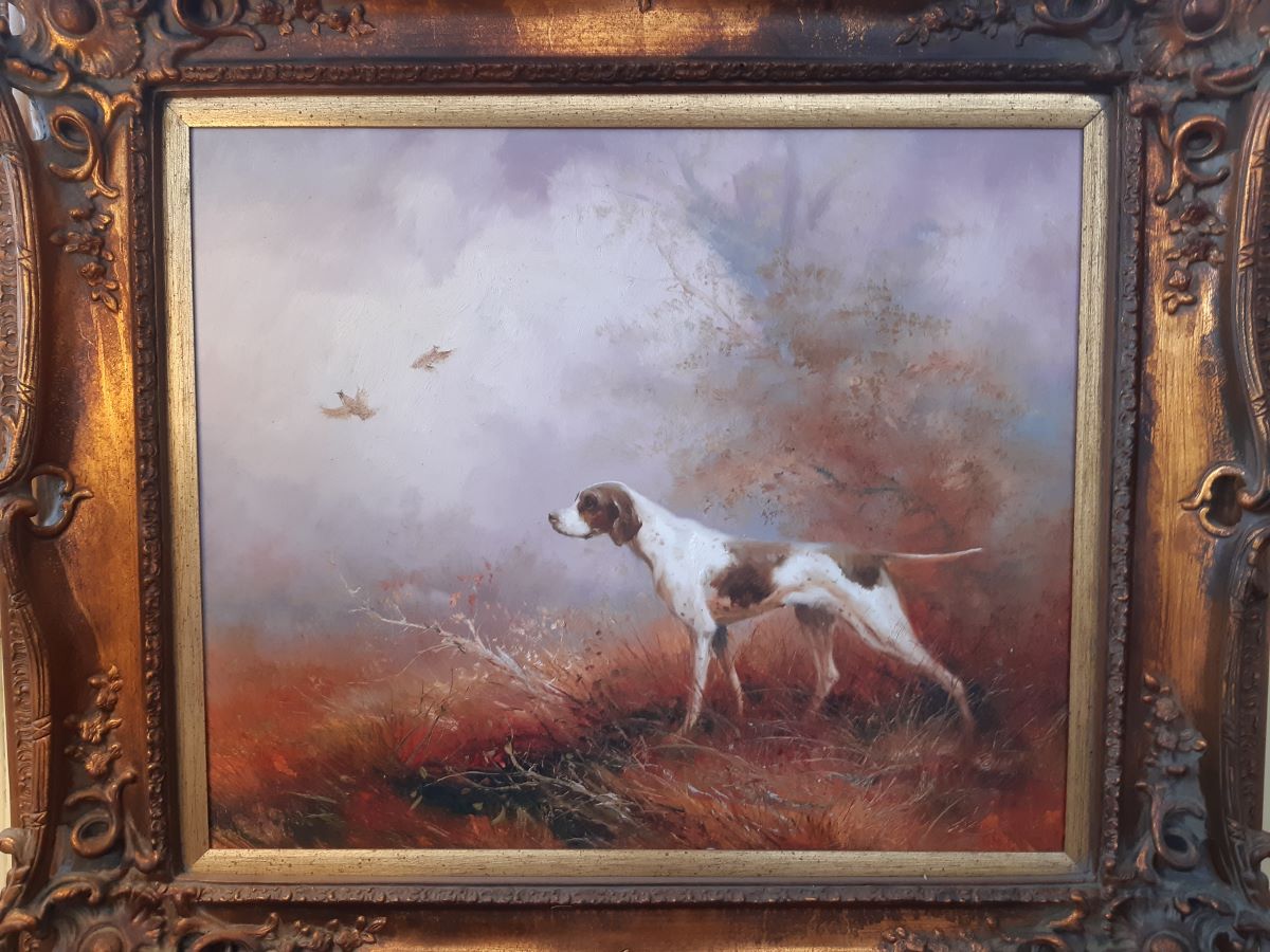 Oil on canvas of a gun dog