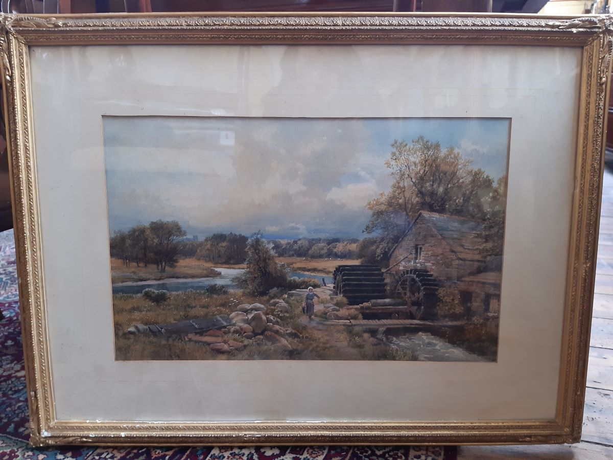 19th century watercolour of a woman outside a watermill