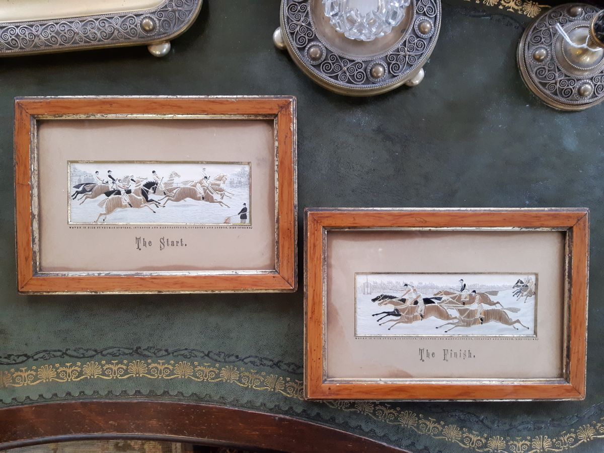 Pair 19th century silk work, Stevengraphs, horse riding.