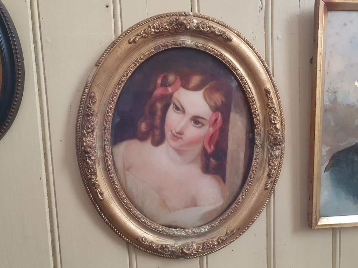 19th Century Reverse Painting On Glass Of A Young Lady.