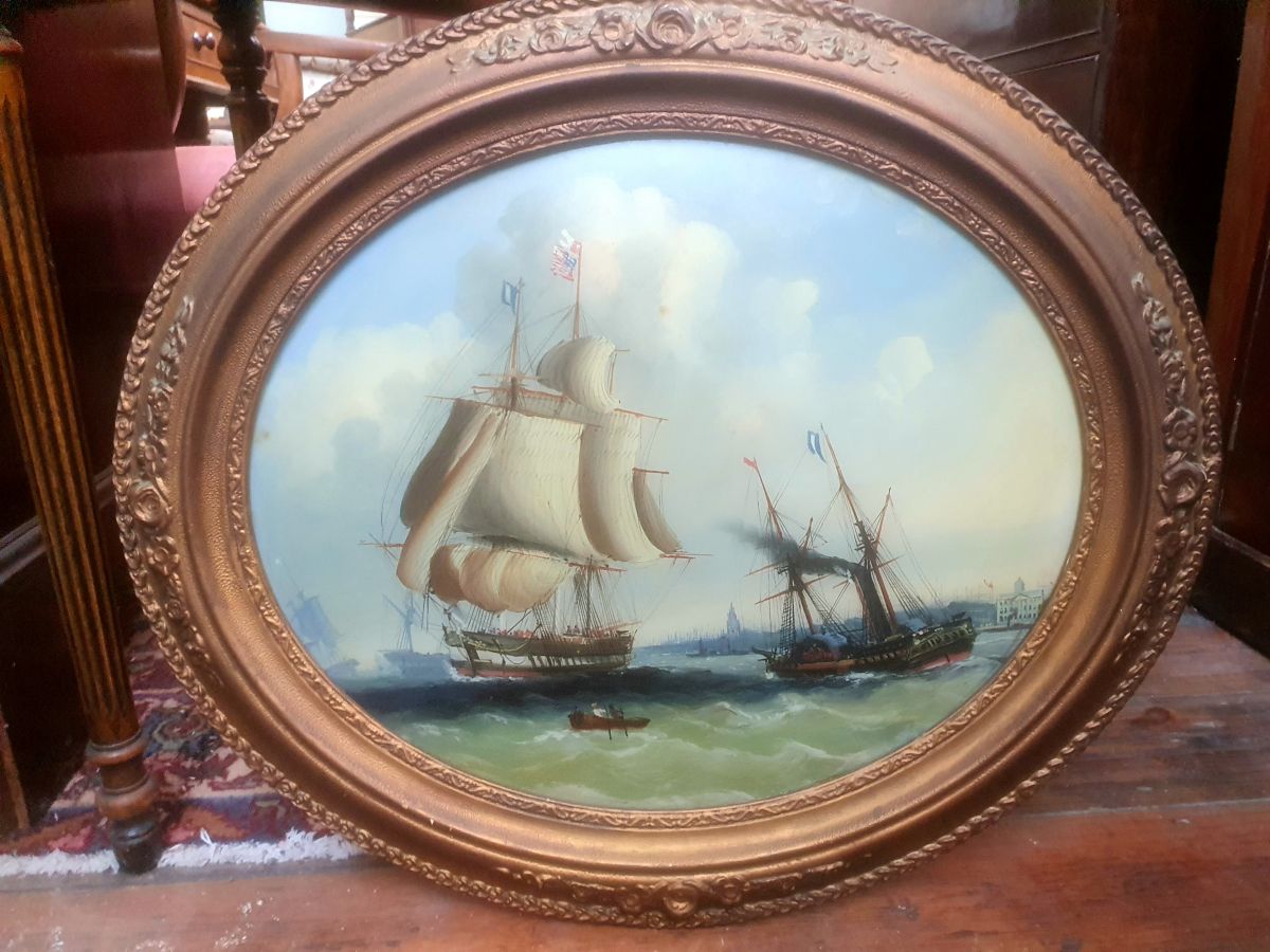 19th Century Reverse Painting On Glass - Shipping At Greenwich