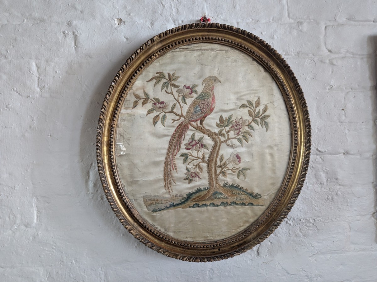 18th Century Oval Silk Work Panel Of A Parrot