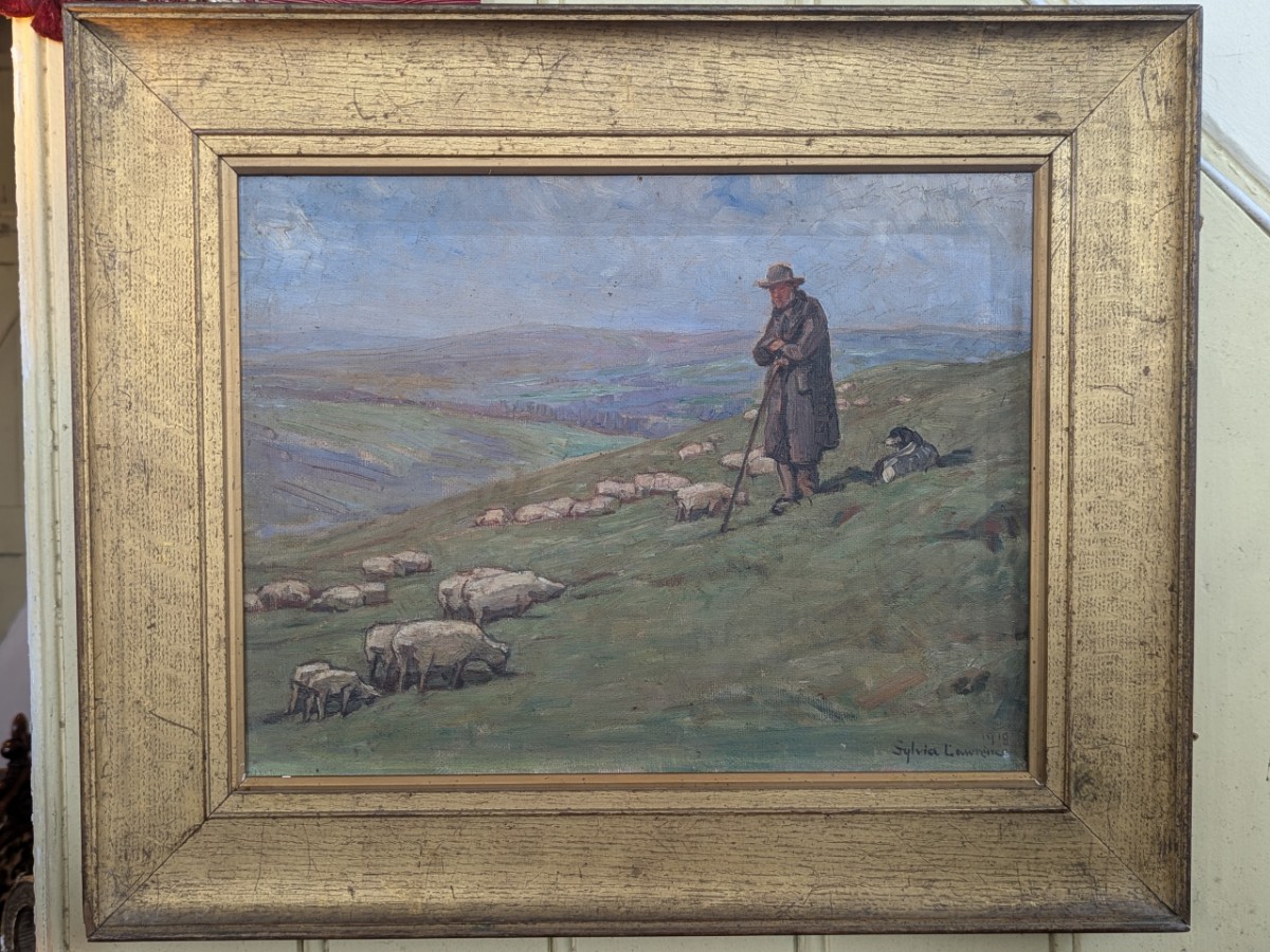 Sylvia Lawrence, Oil On Canvas-Sheep & Shepherd On Hillside