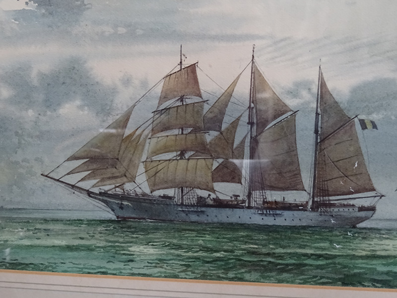 Full-Rigged Barquentine on a calm sea - watercolour Christopher Watkiss