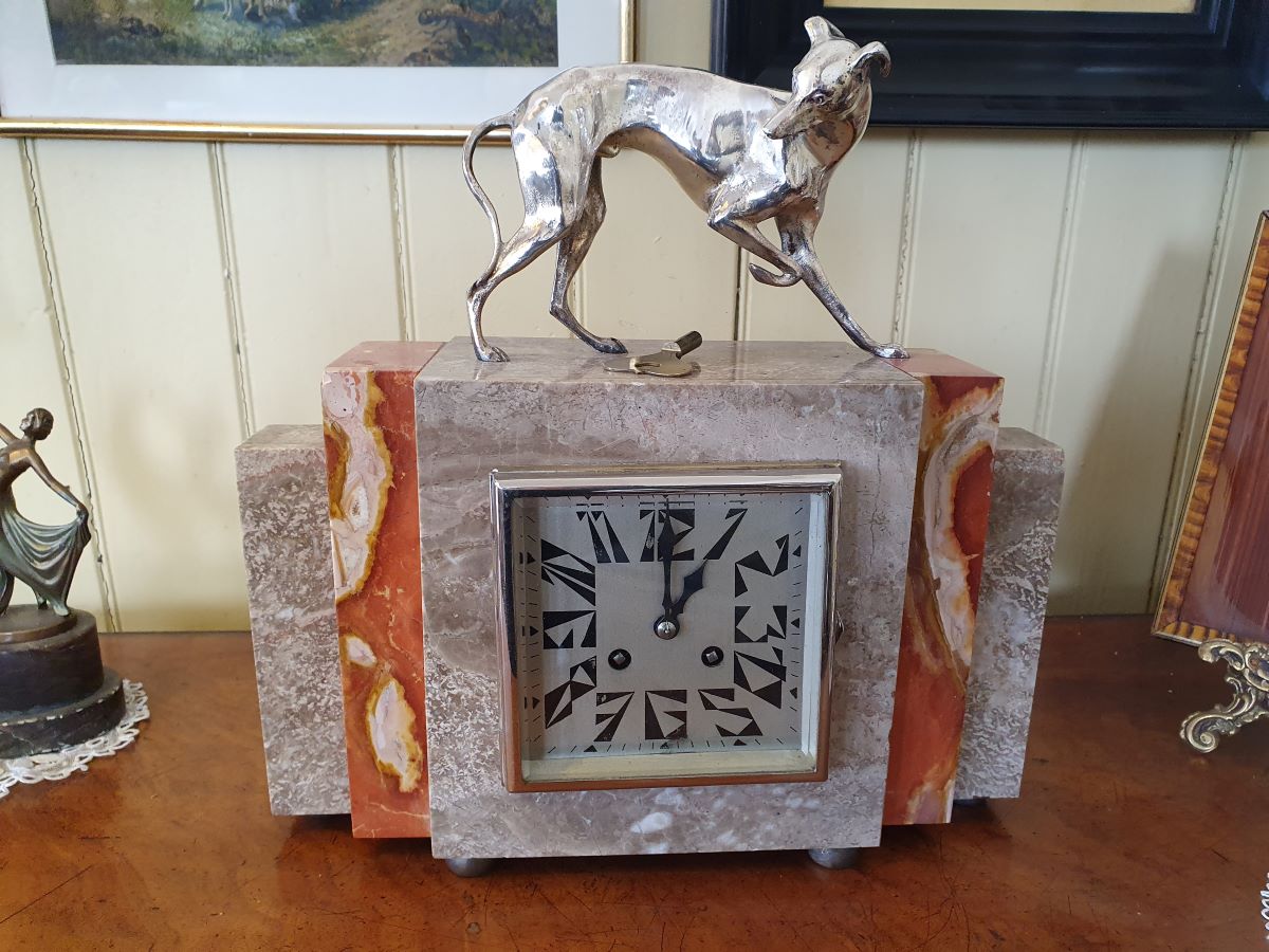Art Deco Marble Clock With Mounted Silver Plated Dog