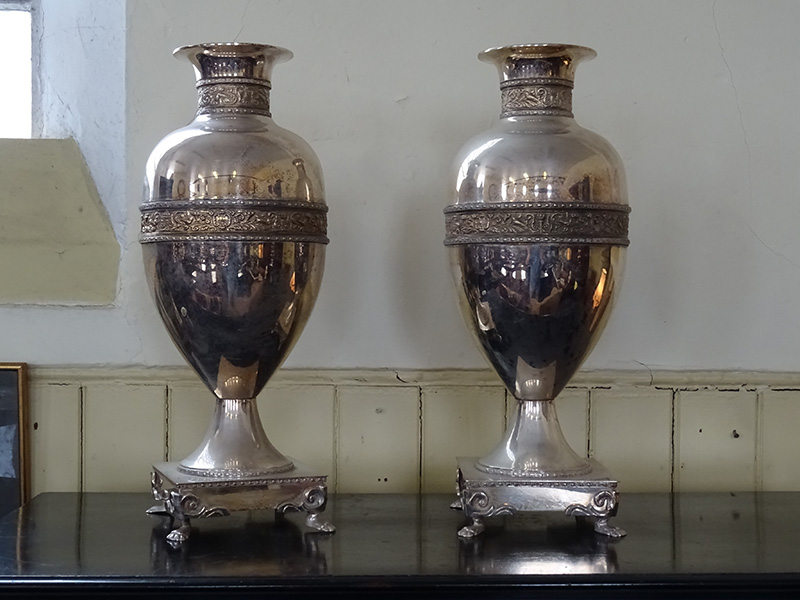 Pair antique silver plate classical urns