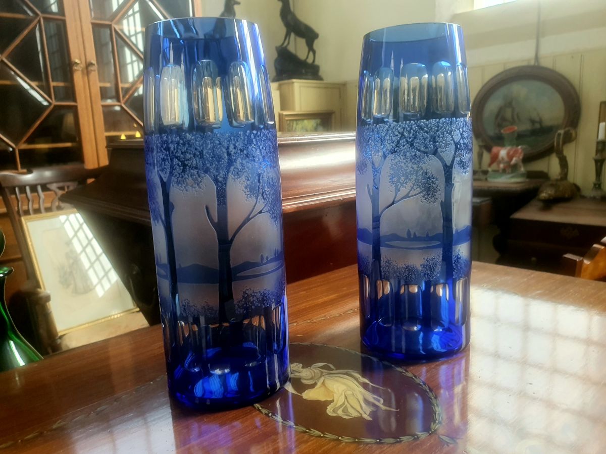Pair Of Bohemian Etched Blue Overlay Glass Cylinder Vases