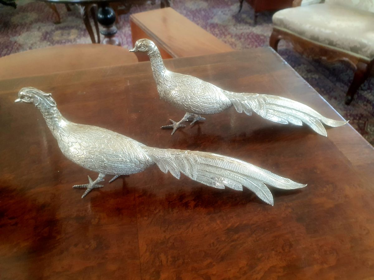 Pair Of Sterling Silver Pheasant Table Ornaments