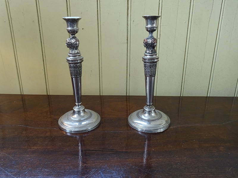 Pair 19th. century silver plate on copper candlesticks