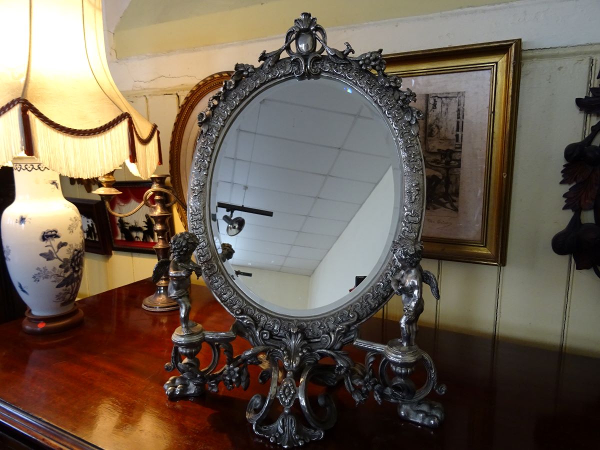 Edwardian ornate electroplate toilet mirror