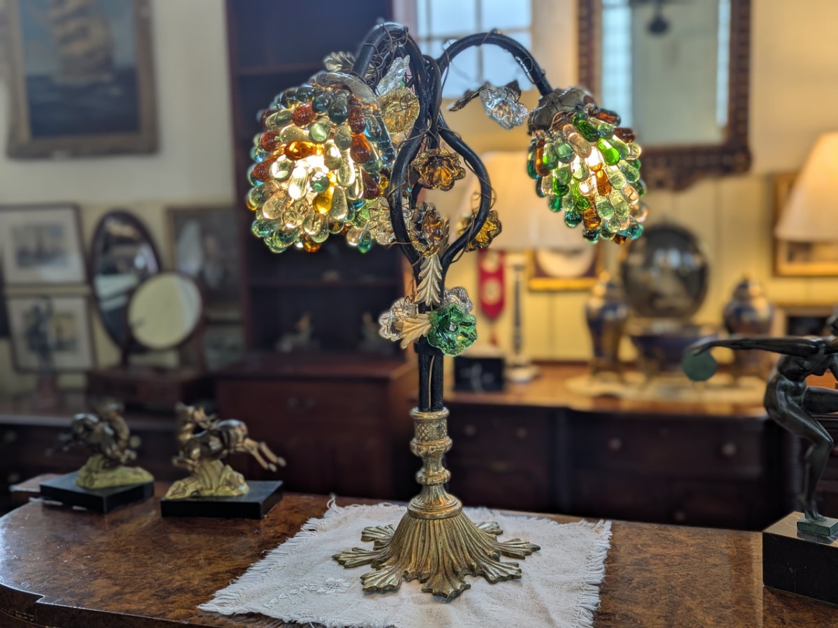 Art Nouveau Bronze & Glass Grapevine Lamp