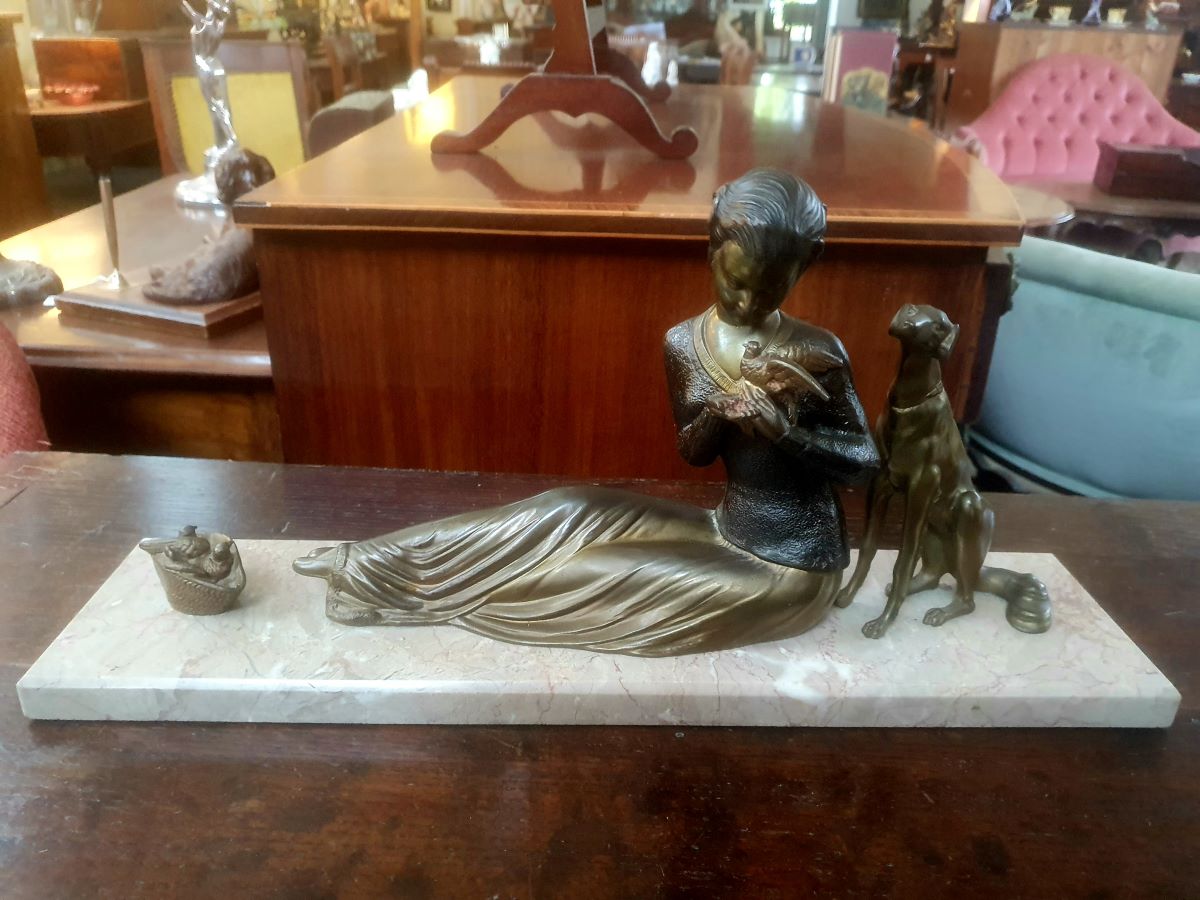 Art Deco Bronze Seated Lady With Dog And Doves