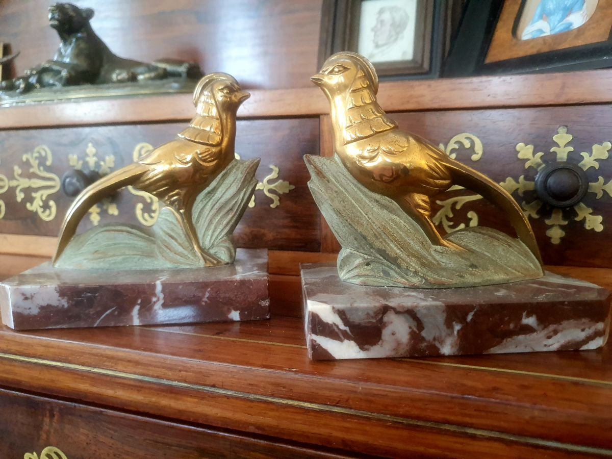 Art Deco Pair Of Gilt Bronze Birds