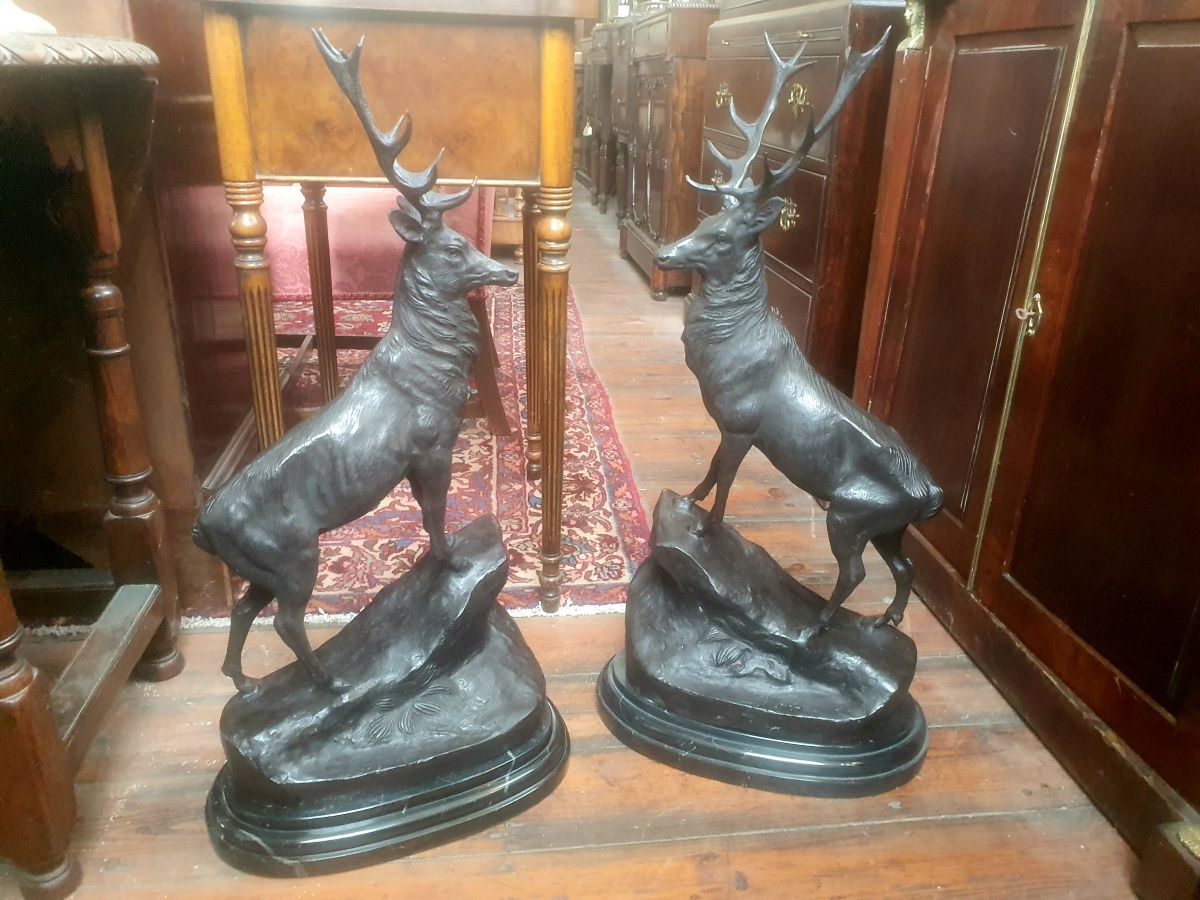 Jules Moigniez (1835-1894), Large Pair Of Patinated Bronze Stags