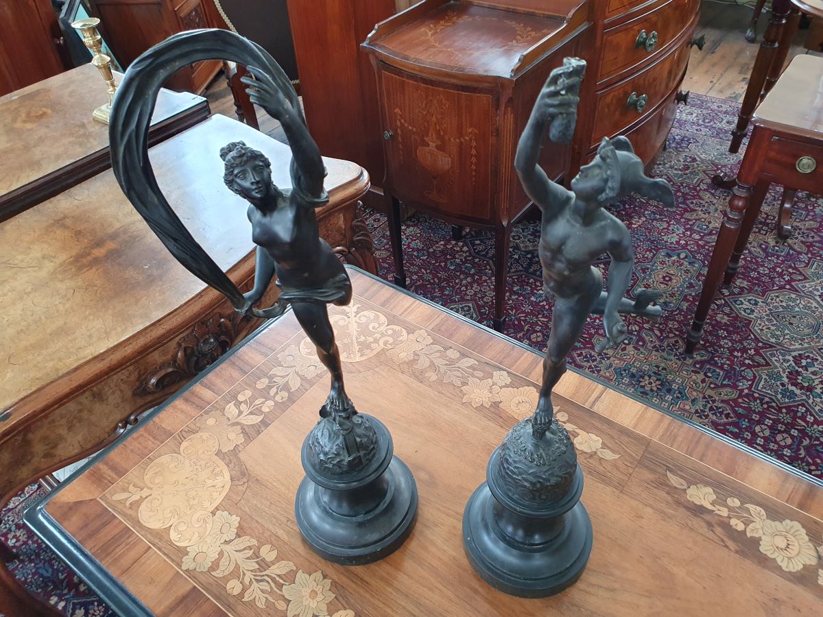 Pair of 19th Century Bronze Classical Figure Sculptures On Black Marble Bases