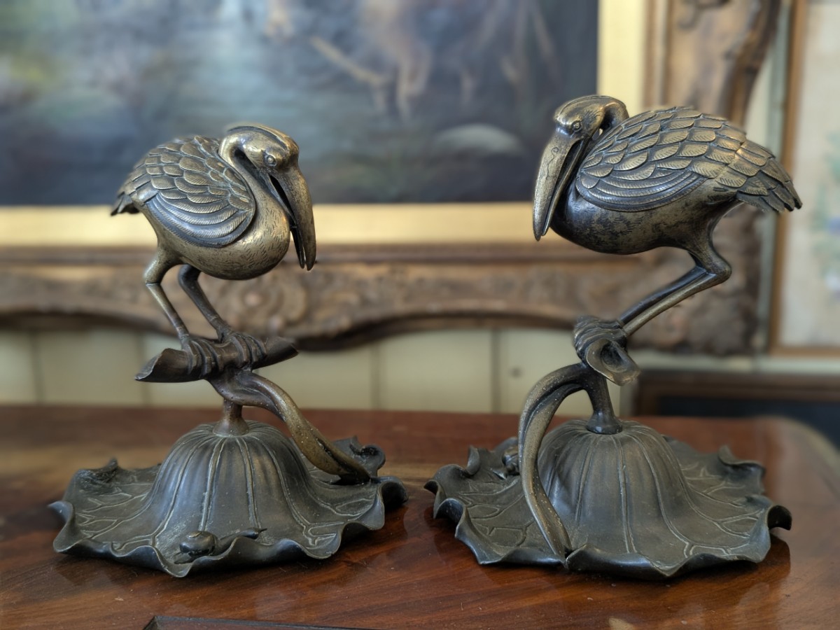 Pair Of Japanese Bronze And Mixed Metal 'Crane' Koros & Covers