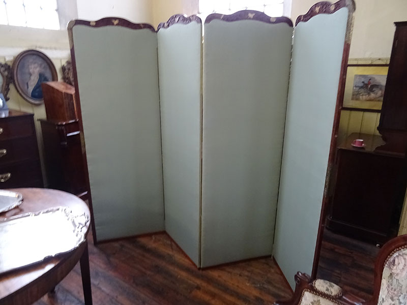 Chinese carved 4 fold draught screen, upholstered panels
