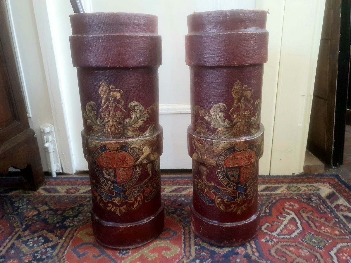 Pair Of Canvas Covered Cordite Buckets With Armorial Crests