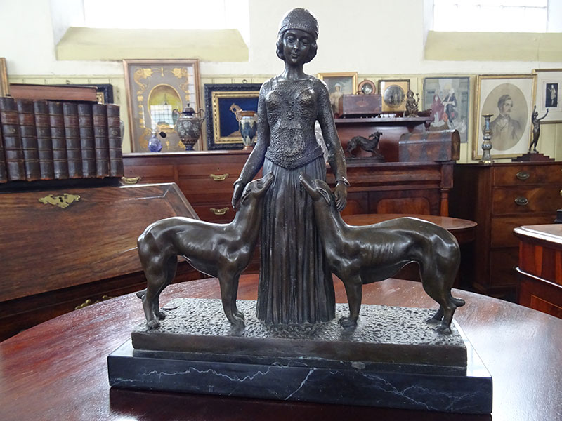 Art Deco Style Bronze Woman and 2 Dogs