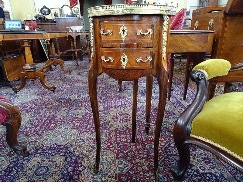 French walnut & marble topped drum shape table