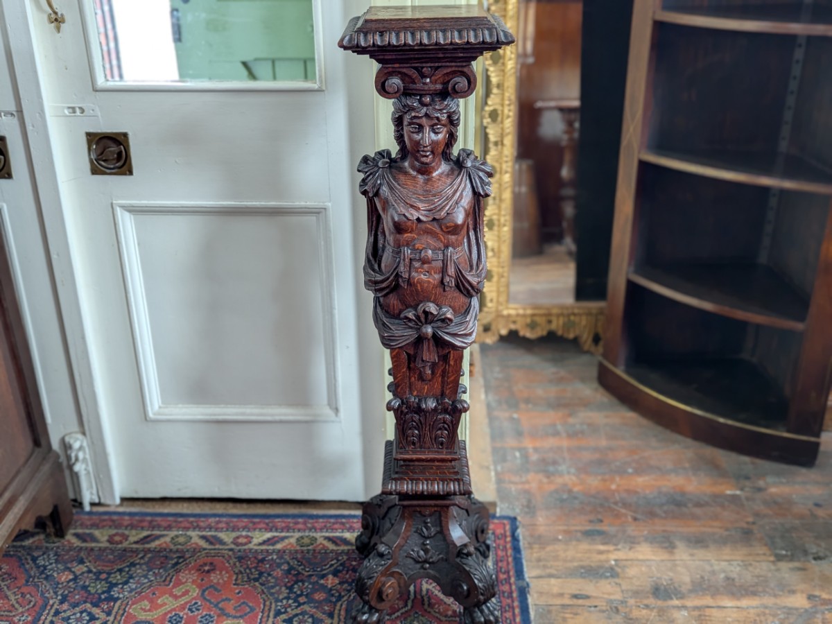 Victorian Carved Oak Figure On Plinth